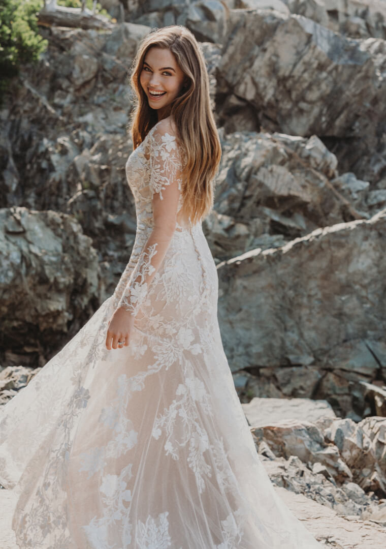 Bohemian and Free Blonde Bride Wearing Wilderly Allure Wedding Dress