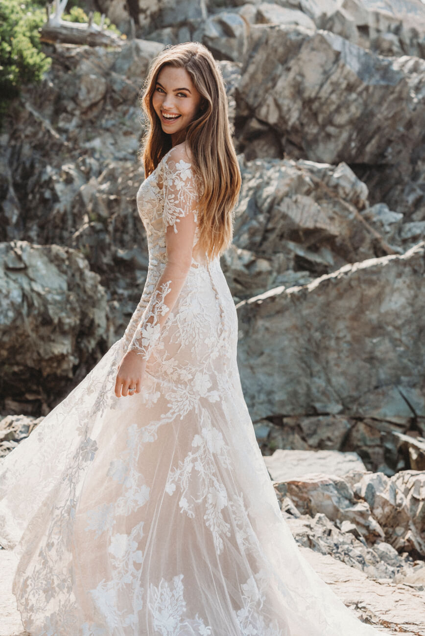 Bohemian and Free Blonde Bride Wearing Wilderly Allure Wedding Dress