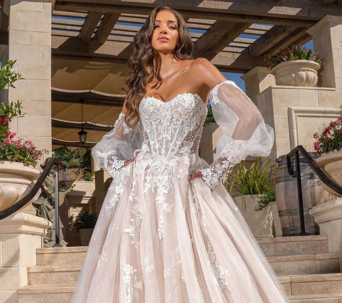 Lovely in Lace Blonde Bride Wearing Allure Lace Wedding Dress