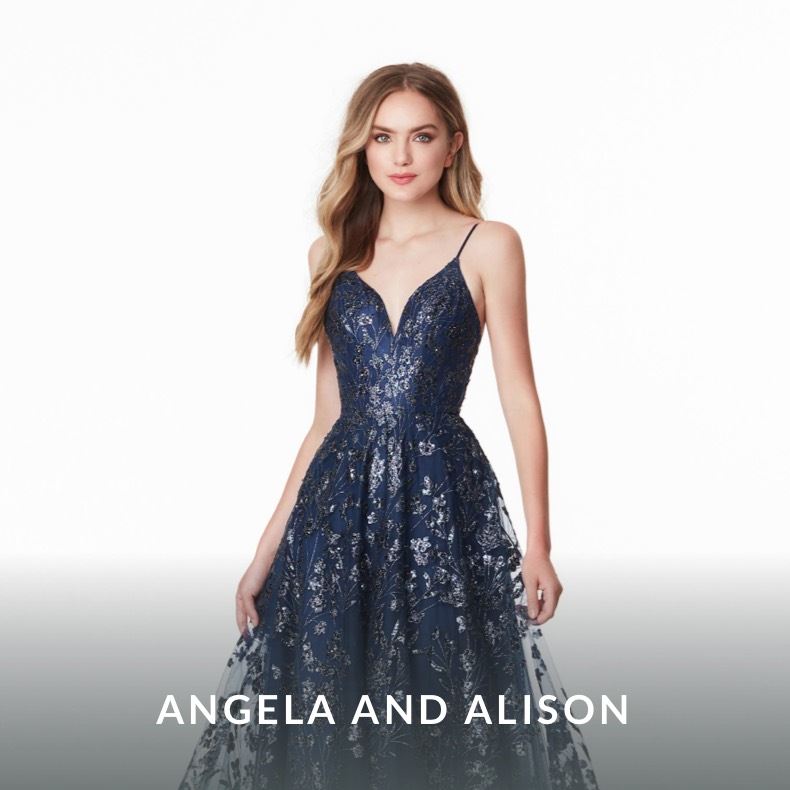 Model wearing a Angela and Alison gown