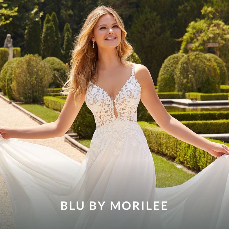 Model wearing a Blu by Morilee gown