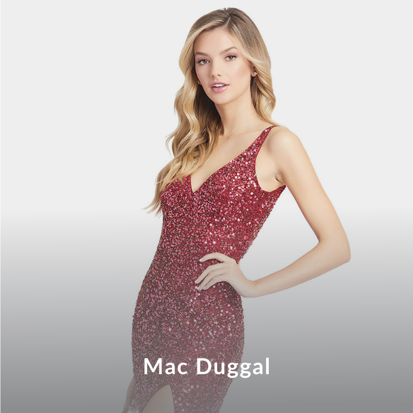 Model wearing a Mac Duggal gown