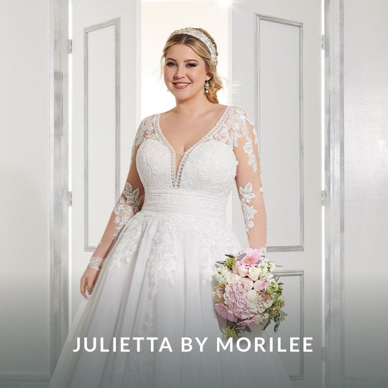 Model wearing a Julietta by Morilee gown
