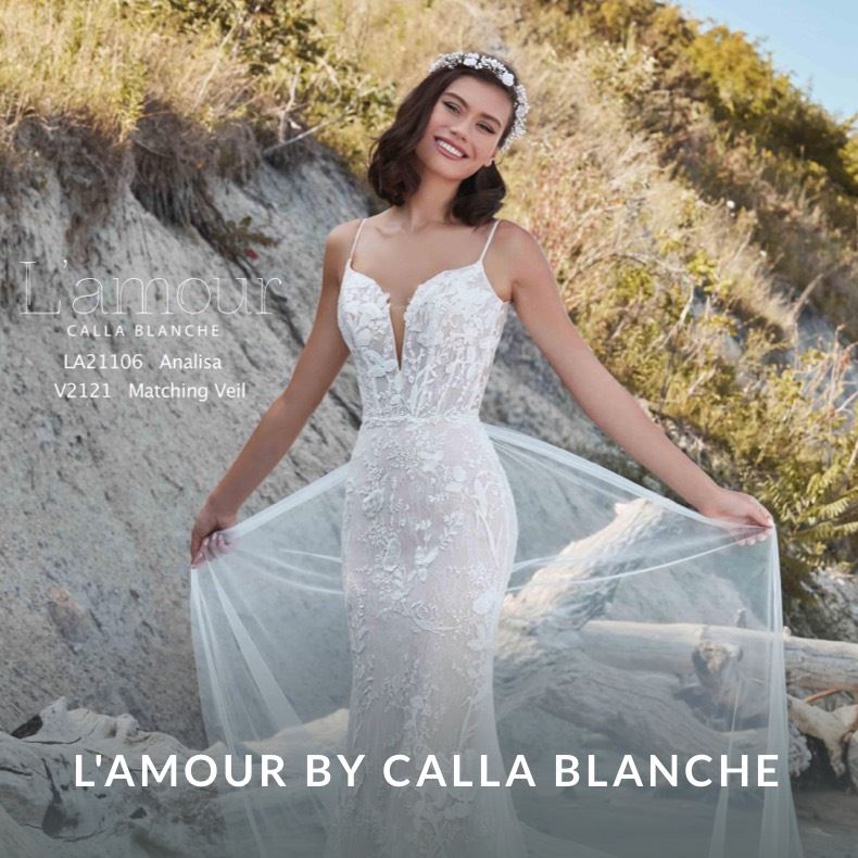 Model wearing a L'amour by Calla Blanche gown