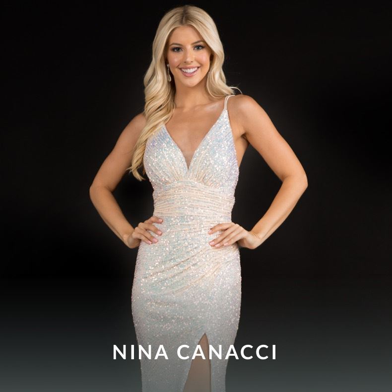 Model wearing a Nina Canacci gown