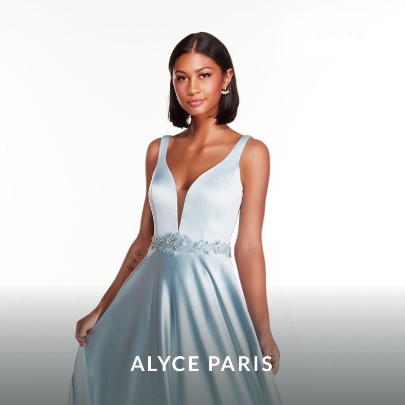 Model wearing a Alyce Paris gown
