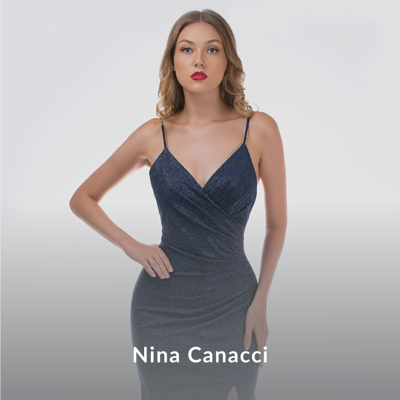 Model wearing a Nina Canacci gown