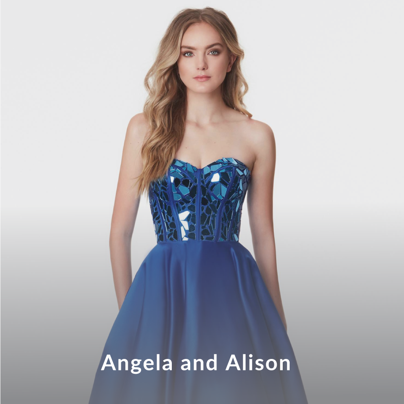 Model wearing a Angela and Alison gown